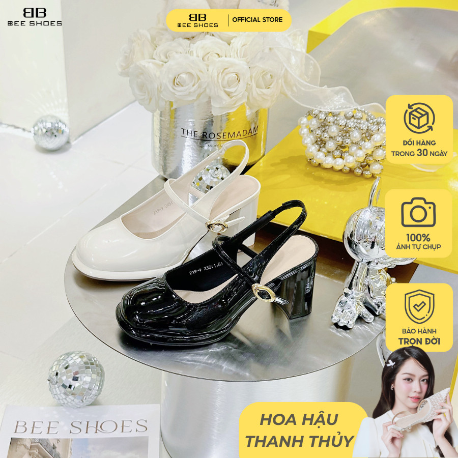 Giày mary jane nữ BEE SHOES mũi tròn da bóng đính nơ gót 8cm - 240724