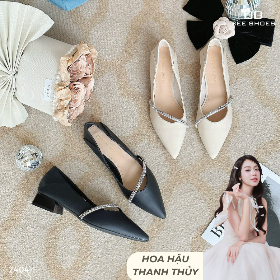 GIÀY CAO GÓT BEESHOES NỮ MŨI NHỌN - GIÀY CAO GÓT NỮ GÓT VUÔNG CAO 3 PHÂN SẴN MÀU ĐEN - KEM 240411 ( 