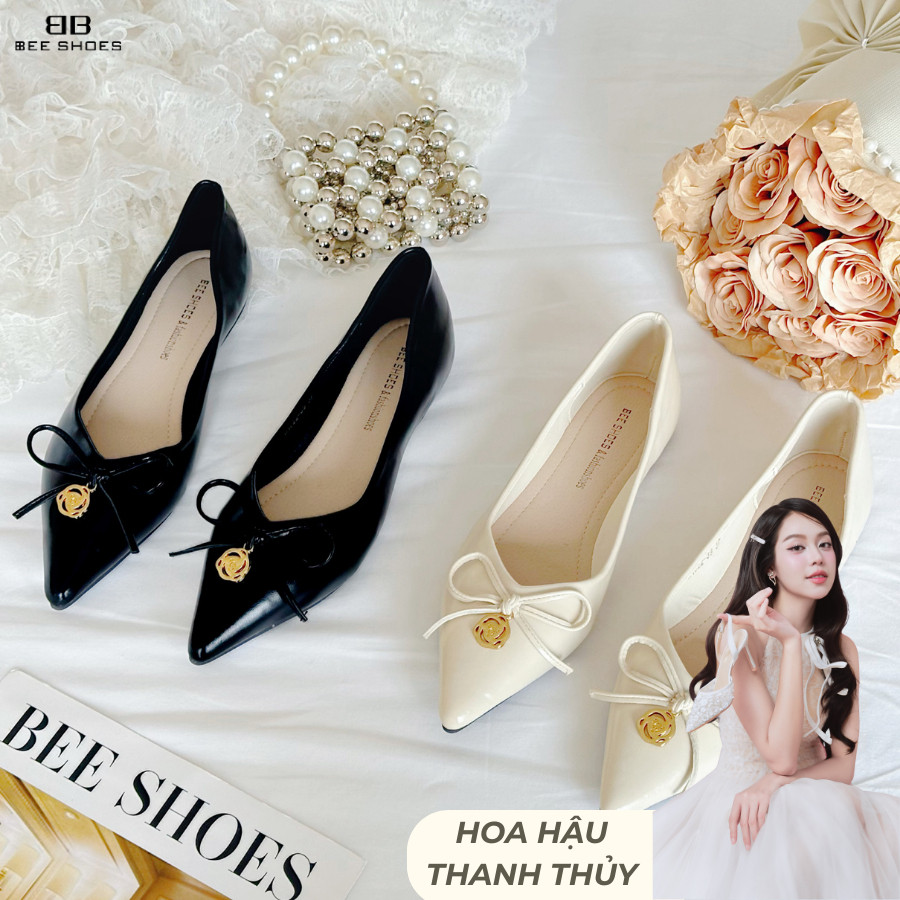 GIÀY BÚP BÊ BEESHOES NỮ MŨI NHỌN - GIÀY BÚP BÊ BỆT SẴN MÀU ĐEN KEM - 240898(form 1.5)