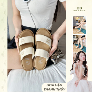 Dép nữ BEESHOES sandal 2 quay ngang mũi tròn đế bệt cao 2 phân sẵn màu kem DE069 (Form 1.5)