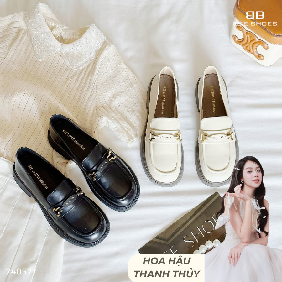 GIÀY MOKA BEESHOES NỮ MŨI TRÒN- GIÀY MOKA ĐẾ CAO 3 PHÂN SẴN MÀU ĐEN KEM 240527 (FORM 1.5)
