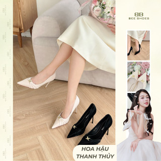  BEESHOES - GIÀY CAO GÓT NỮ MŨI NHỌN - GIÀY CAO GÓT NỮ GÓT TRỤ CAO 9 PHÂN SẴN MÀU ĐEN KEM CG012 