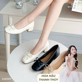 GIÀY CAO GÓT BEESHOES NỮ MŨI TRÒN - GIÀY CAO GÓT NỮ GÓT TRỤ CAO 4 PHÂN SẴN MÀU ĐEN - KEM - BE 240509 ( FORM 1.5)