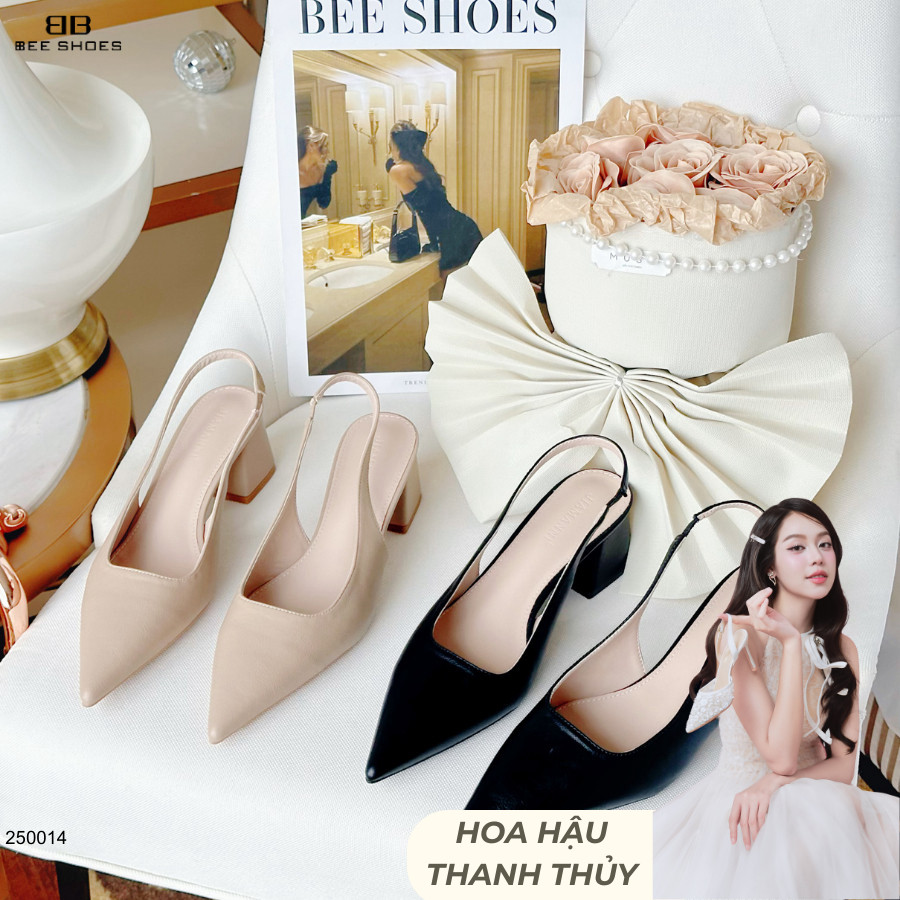 BEESHOES - GIÀY CAO GÓT NỮ MŨI NHỌN - GIÀY CAO GÓT NỮ GÓT VUÔNG CAO 6 PHÂN SẴN MÀU ĐEN KEM NÂU 25001