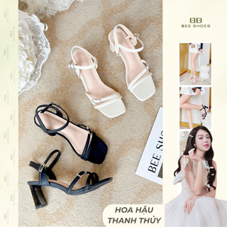 BEE SHOES - SANDAL NỮ MŨI VUÔNG - GÓT TRỤ CAO 8 PHÂN SẴN MÀU ĐEN KEM SD009