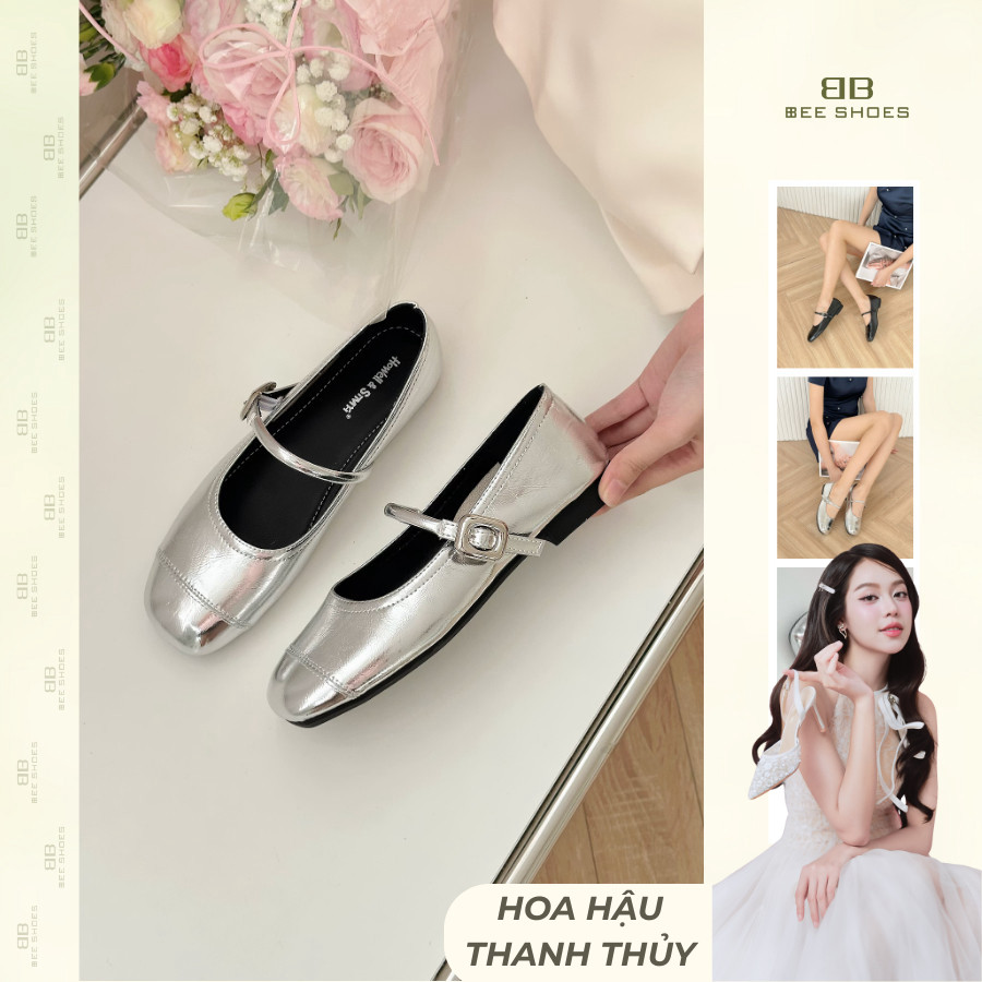 GIÀY MARY JANE BEESHOES NỮ MŨI TRÒN - GIÀY MARY JANE ĐẾ BỆT SẴN MÀU ĐEN - BẠC Mj010 ( FORM 1.5)