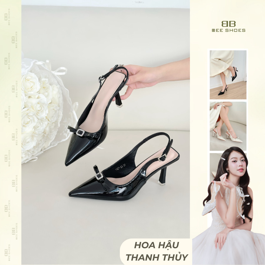 BEESHOES - GIÀY CAO GÓT NỮ MŨI NHỌN - GIÀY CAO GÓT NỮ GÓT NHỌN CAO 8 PHÂN SẴN MÀU ĐEN KEM CG005