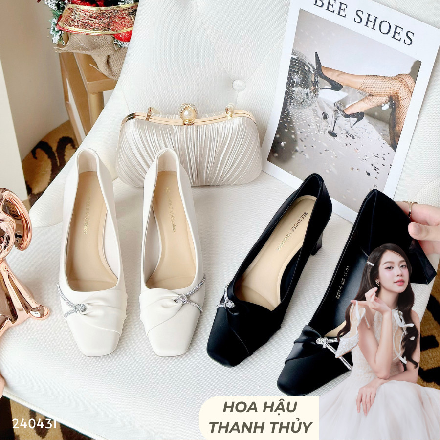 GIÀY CAO GÓT BEESHOES NỮ MŨI NHỌN - GIÀY CAO GÓT NỮ GÓT TRỤ CAO 6 PHÂN SẴN MÀU ĐEN KEM 240431