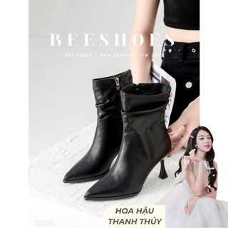  BOOT NỮ BEESHOES MŨI NHỌN DA LÌ - GIÀY BỐT NỮ ĐẾ CAO 7 PHÂN SẴN MÀU KEM ĐEN 231183  FORM 1.5  