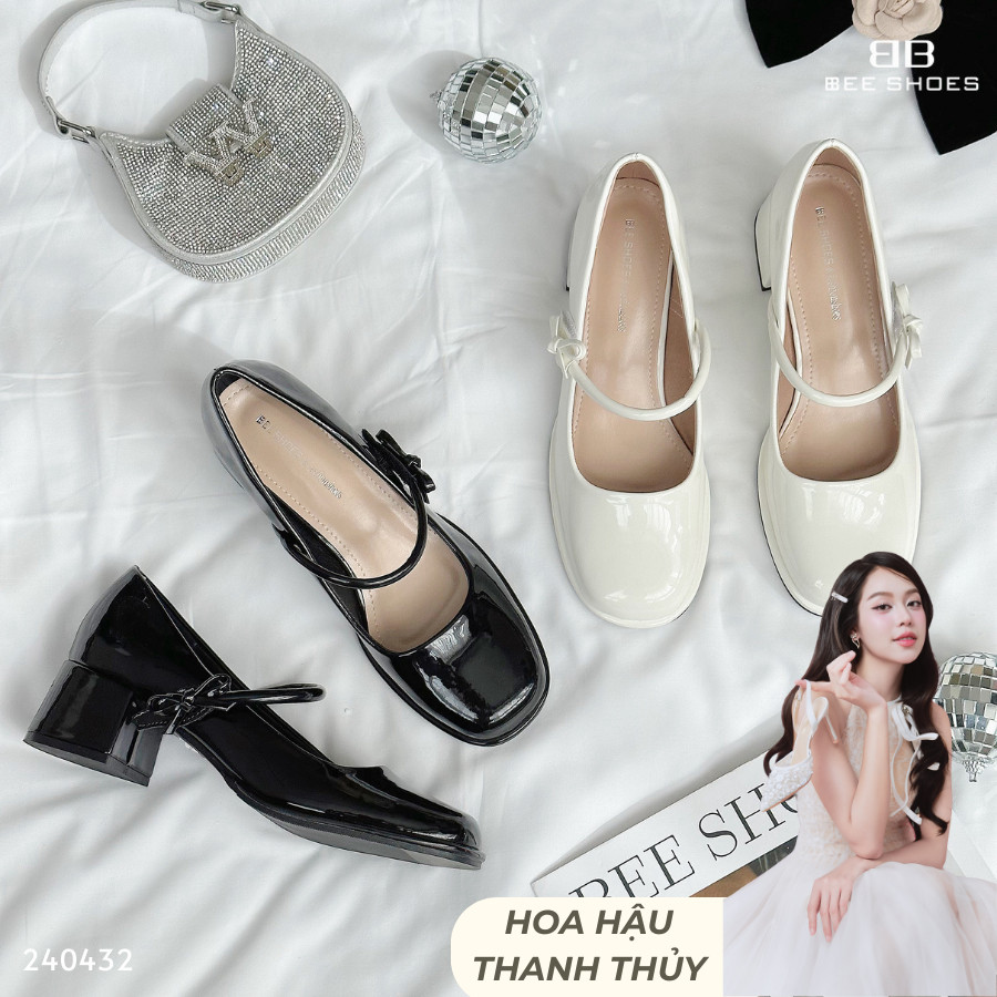GIÀY MARY JANE BEESHOES NỮ MŨI TRÒN- GIÀY MARY JANE ĐẾ CAO 4 PHÂN SẴN MÀU TRẰNG ĐEN 240432