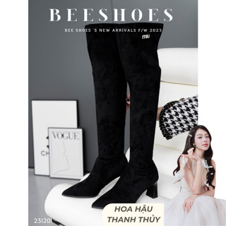  BOOT NỮ BEESHOES MŨI NHỌN DA LÌ - GIÀY BỐT NỮ ĐẾ CAO 6 PHÂN SẴN MÀU KEM ĐEN 231201  FORM 1.5  