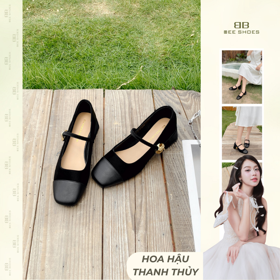 GIÀY MARY JANE BEESHOES NỮ MŨI TRÒN- GIÀY MARY JANE GÓT TRỤ CAO 4 PHÂN SẴN MÀU ĐEN 240474 (FORM 1.5)