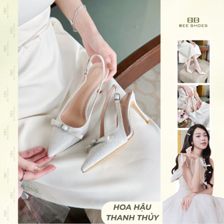  Giày cao gót nữ BEESHOES da vân hở gót mũi nhọn đế nhọn cao 9 phân sẵn màu trắng CG045 