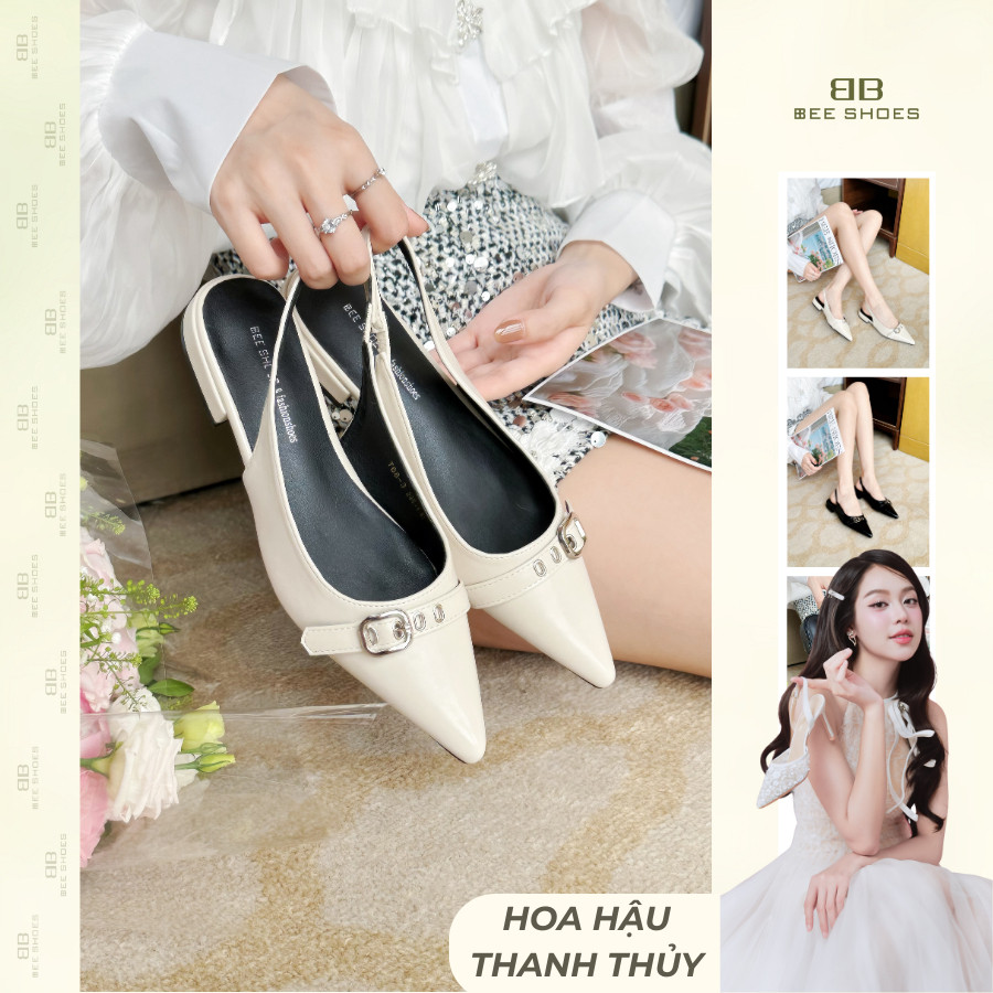 Giày cao gót BEESHOES nữ mũi nhọn gót vuông cao 2 phân sẵn màu kem - đen CG046 (Form 1.5)