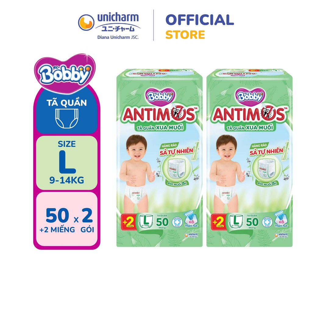 Combo 2 Tã Quần Xua Muỗi Bobby Antimos - Hàng Rào Sả Tự Nhiên -size M 52/L 50+2/XL 48+4/XXL 46+4