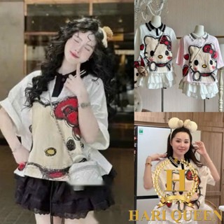 Áo polo Mèo Nơ 2 Tim Đỏ In Phối Cổ Kẻ dễ thương HARIQUEEN - Áo phông cổ bẻ in hình freesize form rộng 65kg chất cotton