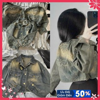  Áo khoác jeans dáng croptop thêu đắp lưng chất bò mềm màu xanh bụi hàng hottrend mã AB06 