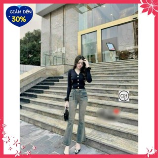  Quần bò nữ ống loe túi vuông thêu chữ quần loe chất jeans dày dặn co giãn mã QL24 