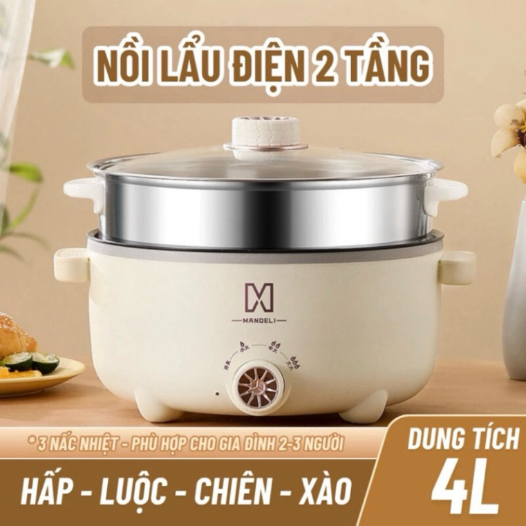 Nồi Lẩu Điện PTLUXURY  Nồi Điện Đa Năng Kèm Xửng Hấp Inox Dung Tích 4L [ HÀNG CAO CẤP ]