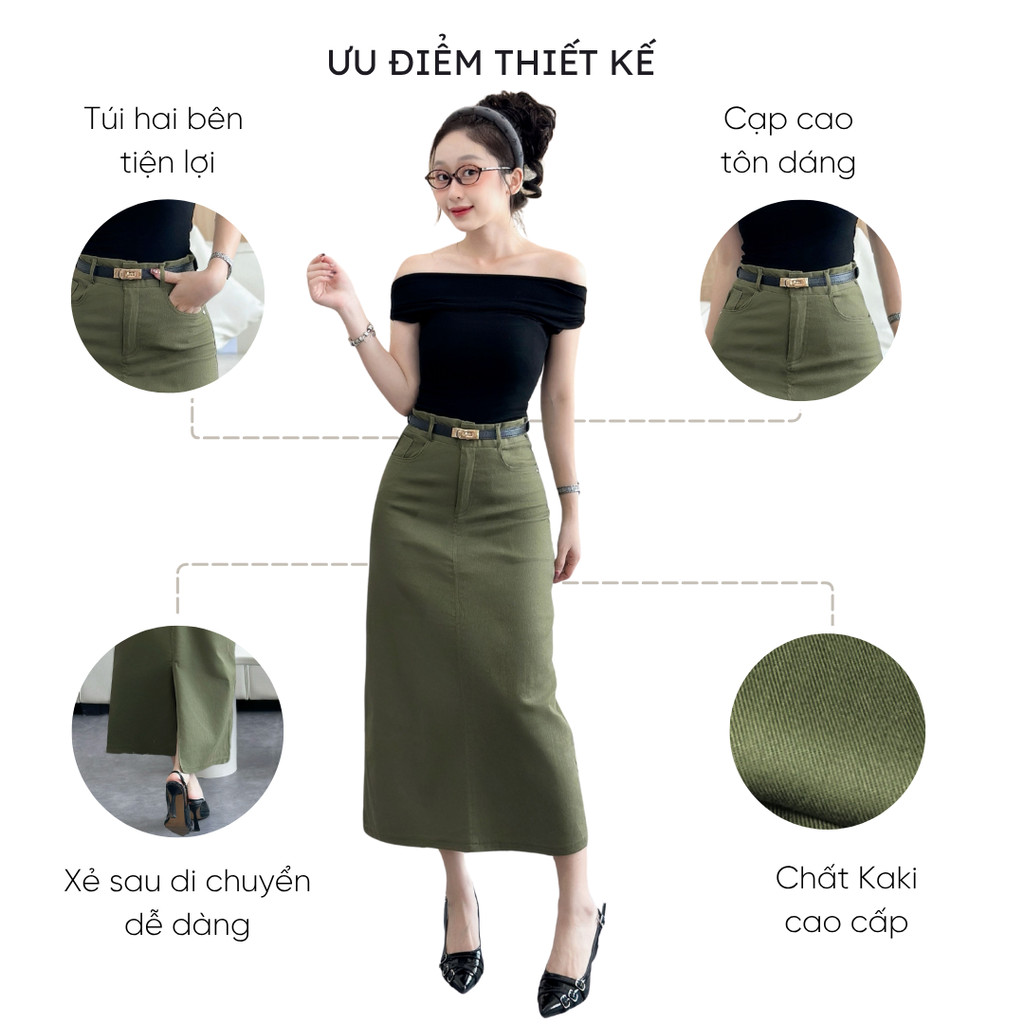 Chân váy kaki dáng dài 80cm Mely Fashion chữ A xẻ sau có túi 2 bên cạp cao tôn dáng che khuyết điểm tốt có bigsize CV104 | BigBuy360 - bigbuy360.vn