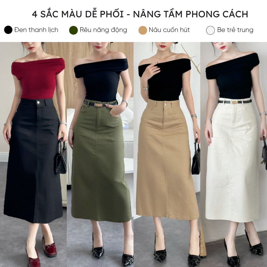 Chân váy kaki dáng dài 80cm Mely Fashion chữ A xẻ sau có túi 2 bên cạp cao tôn dáng che khuyết điểm tốt có bigsize CV104 | BigBuy360 - bigbuy360.vn