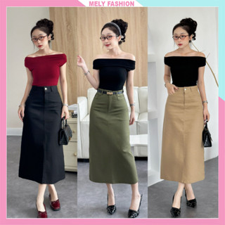 Chân váy kaki dáng dài 80cm Mely Fashion chữ A xẻ sau có túi 2 bên cạp cao tôn dáng che khuyết điểm tốt có bigsize CV104