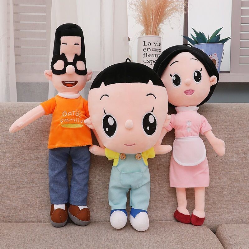 Đồ chơi nhồi bông con trai đầu to, tạp dề bố đầu nhỏ, mẹ, gia đình ba người, búp bê vải, đồ chơi trẻ