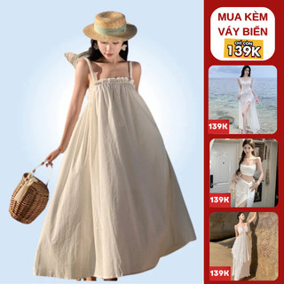  Váy babydoll trắng đi biển du lịch cho nữ Đầm 2 dây dáng dài hở vai sexy che bụng che khuyết điểm kiểu Hàn 9051 DK1T2K05 