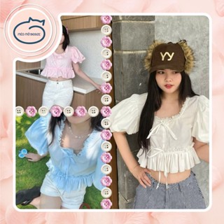 Áo croptop bigisze cổ bèo bồng bềnh cột nơ tay ngắn Bigsize Mèo Mỡ 60-95kg