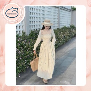 Mèo Mỡ Bigsize — Set đầm 2 dây midi hoạ tiết nơ nhí kèm áo khoác len lưới bigsize 60-95kg