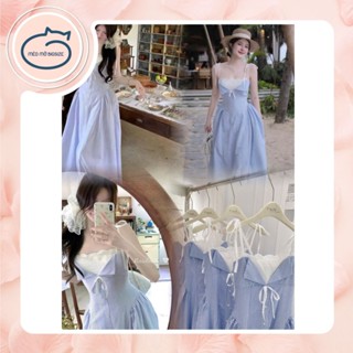 Đầm maxi 2 dây sọc xanh phối ren cúp ngực dáng dài Bigsize Mèo Mỡ 60-90kg