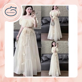 Set bộ thời trang nữ bigsize 60-90kg áo cuộn tơ trễ vai voan lụa phối chân váy midi dài đính hoa Bigsize Mèo Mỡ 60-90kg