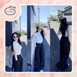 Set bộ thời trang nữ bigsize áo thun trắng kèm quần ống xuông sọc kẻ Bigsize Mèo Mỡ 60-90kg