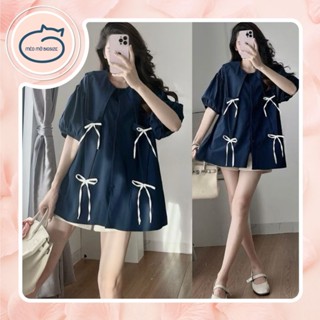 Mèo Mỡ Bigsize — Set babydoll cổ nhọn đính nơ kèm quần đùi bigsize nữ dễ thương (bigsize 60-95kg)