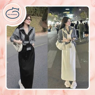 Set bộ thời trang nữ thiết kế áo sơmi sọc + khoác choàng cổ + chân váy xẻ tà dáng dài BIGSIZE MÈO MỠ 60-95kg