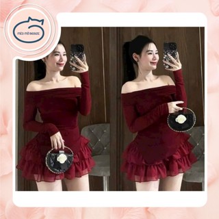  Mèo Mỡ Bigsize — Set bộ áo trễ vai nhung tăm kèm chân váy voan tầng bigsize 60-90kg 