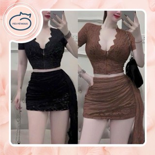 Set bộ ren thiết áo cổ V dây kéo phối chân váy body ôm ren lệch tà Bigsize Mèo Mỡ 60-90kg