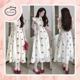 Mèo Mỡ Bigsize — Đầm midi dáng dài hoa thêu đỏ tay ngắn bigsize nữ 60-90kg