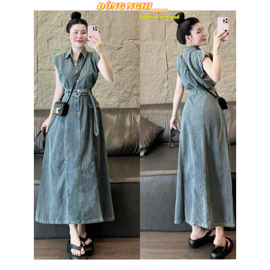 LS_ Đầm nữ, đầm đi chơi, váy jean nữ, đầm dáng dài xoè Jean sơ mi cổ bẻ kèm đai thời trang