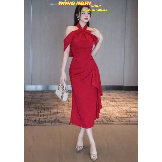 DX_ Đầm váy dài, đầm đi tiệc, đi chơi, dự tiệc, đầm dáng dài Tuyết mưa màu Đỏ cổ yếm mặc tôn dáng