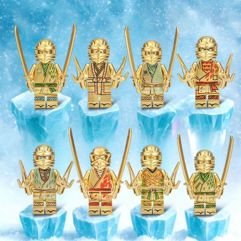 RẺ VÔ ĐỊCH - Bộ 8 Mô Hình Lego Chiến Binh Ninja Go Màu Gold Kèm Vũ Khí Trang Trí Bánh Kem, Bàn Học, 