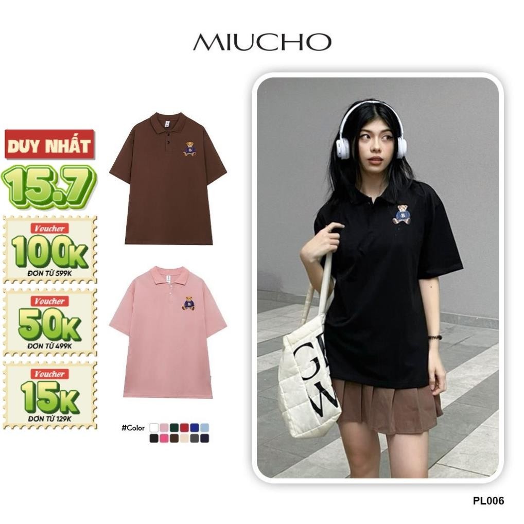Áo polo nữ hình gấu form rộng có cổ đẹp chất cotton form unisex PL006 Miucho in hoạ tiết New