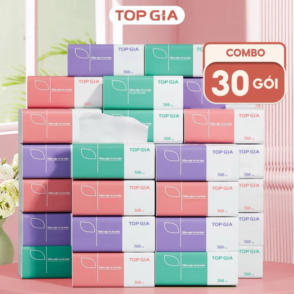 Thùng 46 gói khăn giấy ăn TopGia 3 màu 04 lớp siêu tiết kiệm, mền mịn an toàn cho mọi loại da