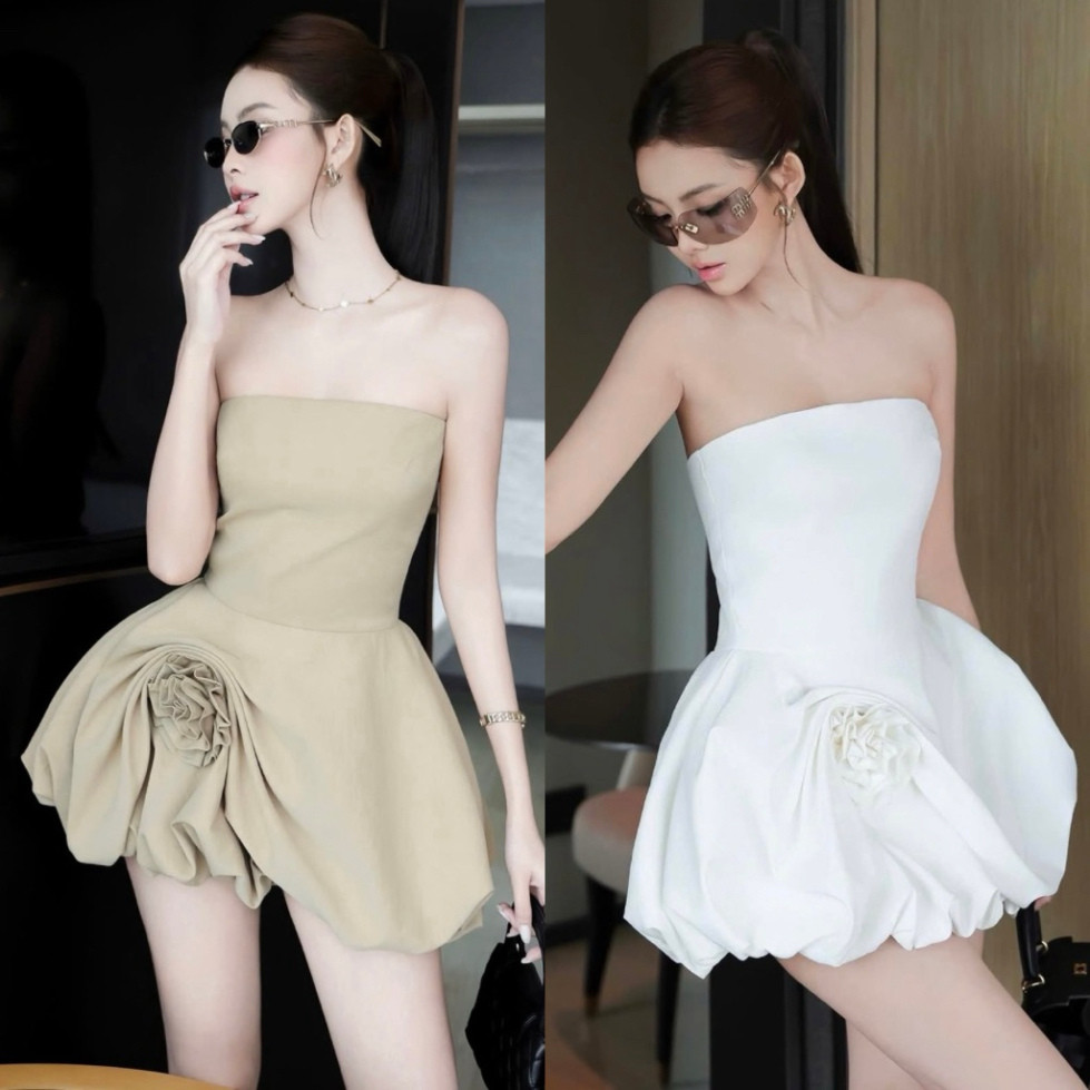 Đầm Cúp Ngực Đuôi Bồng Đính Hoa HIU'S Váy Tiểu Thư Bánh Bèo 2 Màu Trắng,Be