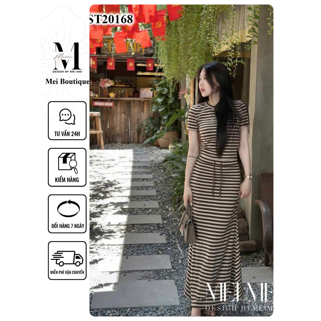 Set Váy Nữ MieMie Áo phông Kẻ Phối Chân Váy Dáng Dài Sexy Mặc Đi Chơi ST20168 Ver8