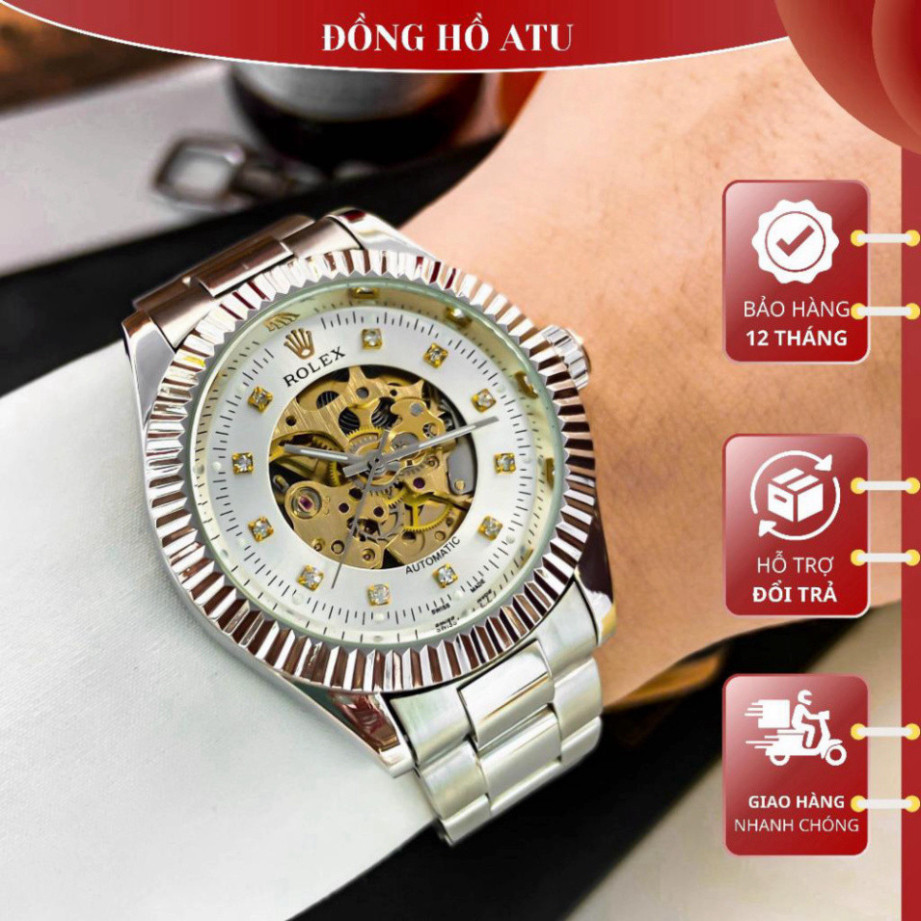 Đồng Hồ Nam Cơ Automatic ROLEX Đính Đá Lộ Cơ Cao Cấp Máy Cơ Hiển Thị Ngày BH 12 Tháng