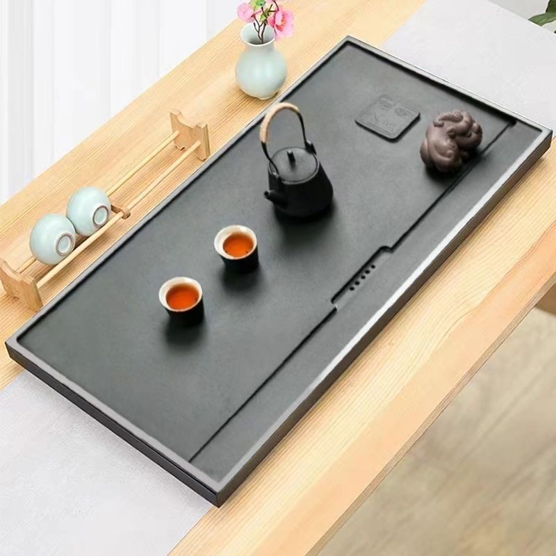 Khay trà đá đen tự nhiên, bàn trà đá nguyên khối đơn giản, khay trà tích hợp, bộ khay trà