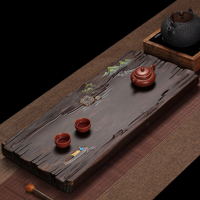 Khay trà gỗ mun nguyên khối, bàn trà gỗ đơn giản cho gia đình, bộ trà Kung Fu hình chữ nhật bằng gỗ 