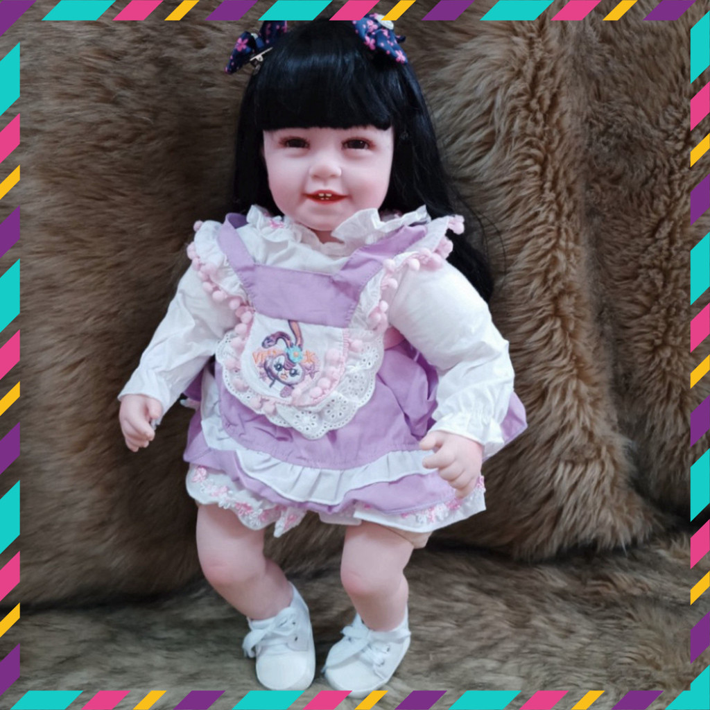 Búp Bê Reborn Sillicon Mềm Mại 55cm Có Răng, Tóc Đen và Mắt Tít - Mô Hình PVN6676 Siêu Đáng Yêu