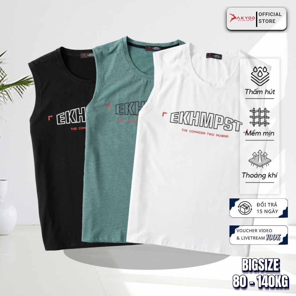 Áo Ba Lỗ Nam Big Size Akyoo 80 - 140kg Thể Thao Khỏe Khắn,Rộng Rãi Thoáng Mát,Vận Động Thoải Mái, Th